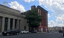 The former North Broad station and contemporaneous storage warehouse on N. Broad Street erected at Huntingdon Avenue across from the Phillies' ballpark in 1929 near the Reading Company's headquarters 20220714StationWarehouse.jpg