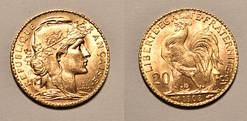 20 French franc gold coin, 1908. Marianne on obverse.