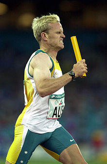 Matthews during the 4 x 400 m T46 relay at the 2000 Summer Paralympics. He and his teammates (Stephen Wilson, Neil Fuller and Heath Francis) won gold in this event. 251000 - Athletics track 4 x 400m T46 Tim Matthews gold action 3 - 3b - 2000 Sydney race photo.jpg
