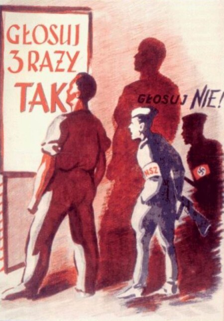 A propaganda poster enhancing to vote for Communist policies in the "Three Times Yes" 1946 referendum