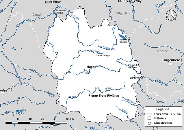 Carte des cours d'eau de longueur supérieure à 50 km de la Lozère.
