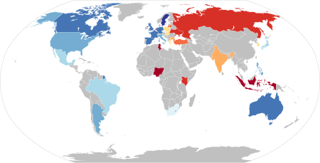 Pew Global Attitudes Project 2019: Should homosexuality be accepted in society? Percentage of responders that answered that it should be accepted:
.mw-parser-output .div-col{margin-top:0.3em;column-width:30em}.mw-parser-output .div-col-small{font-size:90%}.mw-parser-output .div-col-rules{column-rule:1px solid #aaa}.mw-parser-output .div-col dl,.mw-parser-output .div-col ol,.mw-parser-output .div-col ul{margin-top:0}.mw-parser-output .div-col li,.mw-parser-output .div-col dd{page-break-inside:avoid;break-inside:avoid-column}
.mw-parser-output .legend{page-break-inside:avoid;break-inside:avoid-column}.mw-parser-output .legend-color{display:inline-block;min-width:1.25em;height:1.25em;line-height:1.25;margin:1px 0;text-align:center;border:1px solid black;background-color:transparent;color:black}.mw-parser-output .legend-text{}
0-10%
11-20%
21-30%
31-40%
41-50%
51-60%
61-70%
71-80%
81-90%
91-100%
No data Acceptance of Homosexuality Worldwide (Pew Research Poll 2019-20).svg