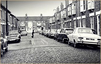 The Cobbled Agar Street in the neighbouring area of Belgrave is within the Rushey Mead electoral ward Agar Street, Belgrave, Leicester in 1976.jpg