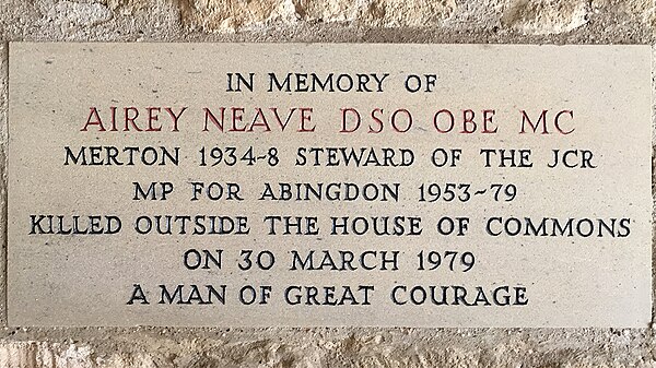 Memorial plaque to Airey Neave at his alma mater, Merton College, Oxford