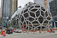 The eastern sphere's steel structure seen in August 2016, during glass installation