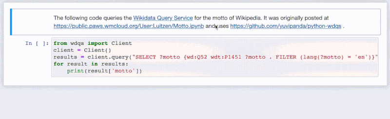 File:Animation of interactively modified Jupyter notebook on PAWS with SPARQL query for motto of Wikipedia various languages.gif