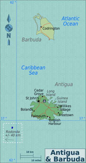 Mapa regionů Antiguy a Barbudy