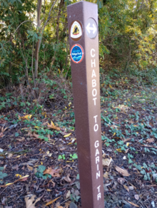 A marker of the Chabot-to-Garin Regional Trail and the simultaneous Bay Area Ridge Trail at Cull Canyon. A part the hiking version of the Juan Bautista de Anza National Historic Trail is here. Anza-Ridge-Chabot to Garin Trail.png