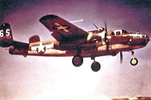 B-25J-1 43-2770, 486th Bombardment Squadron on landing approach to Rimini Airfield, Italy in early 1945. B-25J-1 43-27770 486th BS - 1944.jpg