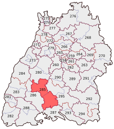 Lage des Bundestagswahlkreises Rottweil – Tuttlingen in Baden-Württemberg