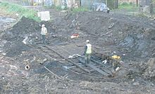 Wooden barge during excavation