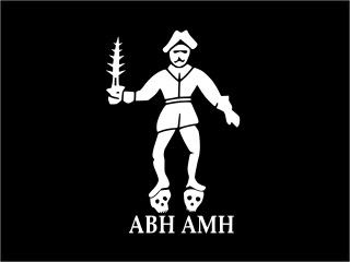Roberts' new flag showed him holding a flaming sword and standing on two skulls, representing "a Barbadian's head" (ABH) and "a Martinican's head" (AMH) - two islands against whom he held a grudge.[19]