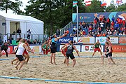 Deutsch: Beachhandball Europameisterschaften 2019 (Beach handball Euro); Tag 6: 7. Juli 2019 – Spiel um Platz Drei, Männer, Ungarn-Russland 2:0 (26:20, 23:22) English: Beach handball Euro; Day 6: 7 July 2019 – Men's Bronze Medal Match – Hungary-Russia 2:0 (26:20, 23:22)