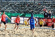 Deutsch: Beachhandball Europameisterschaften 2019 (Beach handball Euro); Tag 1: 2. Juli 2019 – Männer, Vorrunde Gruppe D, Frankreich-Montenegro 2:0 (19:7, 18:9) English: Beach handball Euro; Day 1: 2 July 2019 – Men Preliminary Round Group D – France-Montenegro 2:0 (19:7, 18:9)