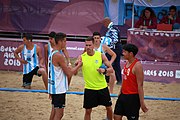 Deutsch: Beachhandball bei den Olympischen Jugendspielen 2018; Tag 5, 10. November 2018; Jungen, Hauptrunde - Thailand-Argentinien 2:1 English: Beach handball at the 2018 Summer Youth Olympics at 11 October 2018 – Boys Main Round – Thailand-Argentina 2:1