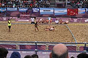 Deutsch: Beachhandball bei den Olympischen Jugendspielen 2018; Tag 6, 12. Oktober 2018; Mädchen, Hauptrundenspiel – Ungarn-Niederlande 2:1 English: Beach handball at the 2018 Summer Youth Olympics at 12 October 2018 – Girls Main Round – Hungary-Netherlands 2:1