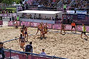 Deutsch: Beachhandball bei den Olympischen Jugendspielen 2018; Tag 3, 10. Oktober 2018; Mädchen, Vorrunde, Gruppe B - Niederlande-Argentinien 2:0 English: Beach handball at the 2018 Summer Youth Olympics at 10 October 2018 – Girls Preliminary Round Group B‎ – Netherlands-Argentina 2:0