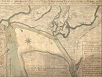 A 1755 map of the area. Fort Cumberland is "D" in the upper center, and the Aulac River is the unlabeled right branch of the Tantramar River in the upper left. Beaubassin1755.jpg