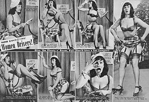A magazine feature from Beauty Parade from March 1952 stereotyping women drivers. It features Bettie Page as the model. Bettie Page driving.jpg