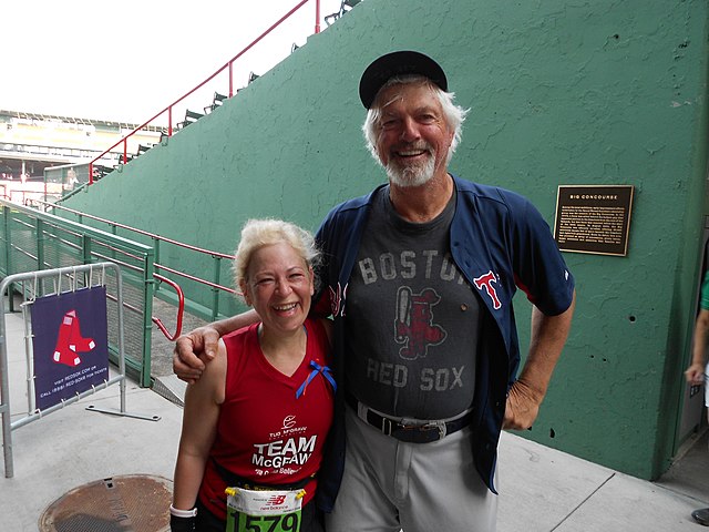 Lee at Fenway Park with a 2012 Boston Marathon runner