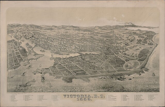 Bird's-eye view of Victoria in 1889. After the completion of the Canadian Pacific Railway in 1886, Victoria lost its position as the commercial centre