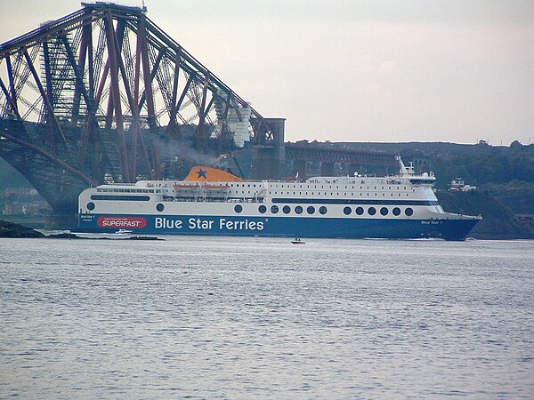 MS Blue Star 1 of the joint Superfast Ferries/Blue Star Ferries service from Rosyth to Zeebrugge in the Firth of Forth.