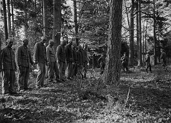 On 26 April 1942, twenty Polish prisoners were hanged in retaliation for the killing of a German overseer. Pictured awaiting execution.
