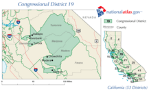 From 2003 to 2013, California's 19th congressional district covered parts of Fresno, Madera, Mariposa, Tuolumne, and Stanislaus counties. CA-19th.png