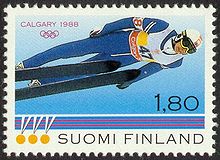 A stamp depicting Matti Nykanen in 1988 Calgary-1988.jpg