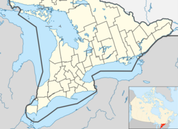 Map of Southern Ontario with a dot showing the location of the island