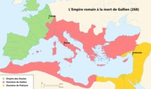 A 268 AD map, showing the Gallic Empire in green (top left), the Roman Empire in red (middle), and the Palmyrene Empire in orange (bottom right) Carte Empire Romain Gallien 268.png