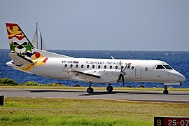 Saab 340-fly fra Cayman Airways på Juan Manuel Gálvez internasjonale lufthavn på Roatán i Honduras.