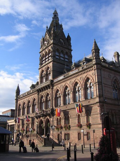 Chester Town Hall, Northgate Street, with The Forum shopping centre and municipal offices in background to its left.