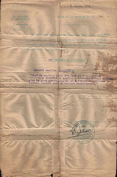 File:Citation a l'ordre de l'armee maurice debaene 73 RI.JPG