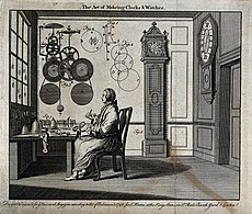 Clocks; a watch-maker seated at his workbench with a long-ca Wellcome V0023855.jpg