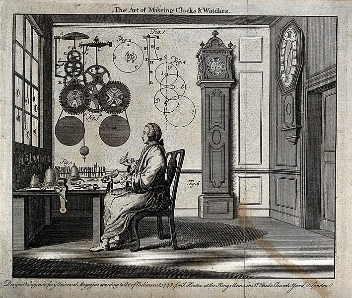 File:Clocks; a watch-maker seated at his workbench with a long-ca Wellcome V0023855.jpg