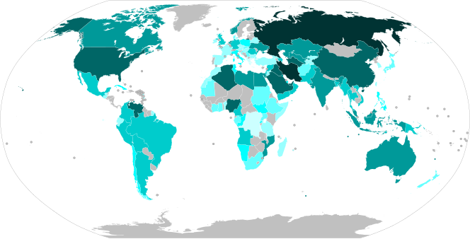 Countries by natural gas proven reserves (2014), based on data from The World Factbook.