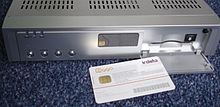 Logo Irdeto, decoder (Humax) and smartcard (Ziggo NL) Decoder en smartcard.JPG