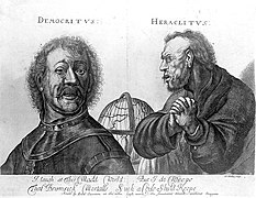 Democritus laughing and Heraclitus weeping, with a globe Wellcome L0014123.jpg