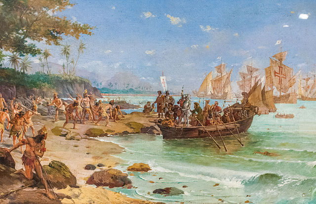 Pedro Álvares Cabral had claimed Brazil for Portugal in 1500, 20 years before Magellan's voyage. This 1922 painting depicts his arrival in Porto Segur