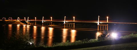 The Discovery Bridge at night.