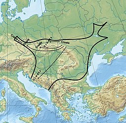 The range of Slavic ceramics of the Prague-Penkovka culture marked in black, all known ethnonyms of Croats are within this area. Presumable migration routes of Croats are indicated by arrows, per V.V. Sedov (1979). Distribution of Croatian ethnonym in the Middle Ages.jpg