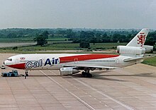 Douglas DC-10-10 of Cal Air at Manchester Airport in 1988 Douglas DC-10-10 G-BJZD Cal Air RWY 25.06.88 edited-2.jpg