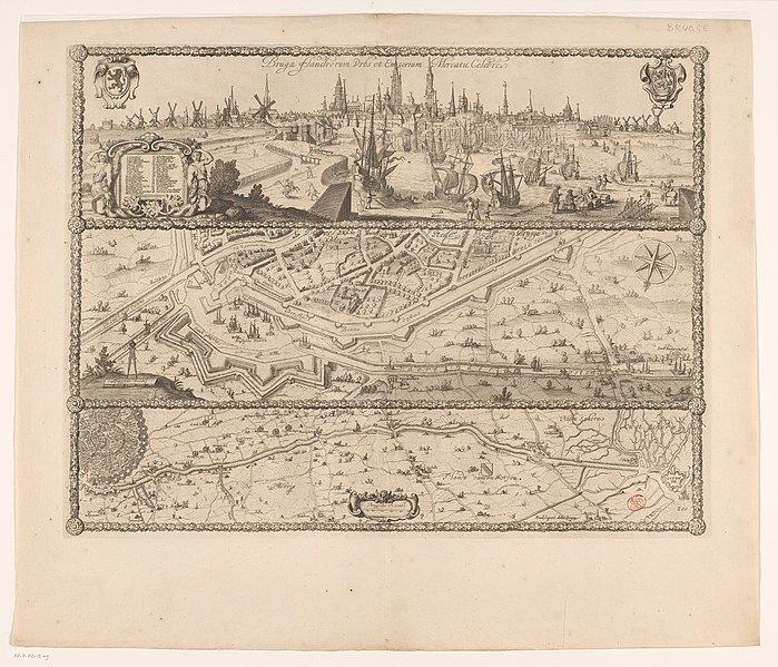 Bestand:Drieluik van de haven van Brugge Bruga Flandrorum urbs et emporium mercatu celebre (titel op object), RP-P-AO-18-49.jpg