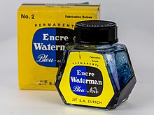Waterman ink "Bleu-Noire", made in Switzerland by JiF S.A., Zurich, 1977 Encre Waterman Bleu-Noire-40207.jpg