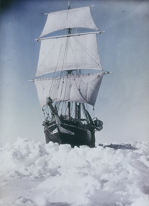 Endurance under sail, Antarctic Ocean, c. 1915 Paget colour photograph by Frank Hurley