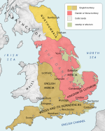 England in 878. The independent rump of the former Kingdom of Northumbria (yellow) was to the north of the Norse Danelaw and Kingdom of Jorvik England 878.svg