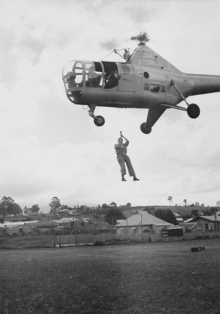 The Forests Commission pioneered the use of aircraft for firefighting and crew transport - RAAF Sikorsky S-51 Dragonfly at Erica 1949. Source: State Library of Victoria. Erica 1949.png
