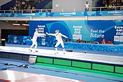 Deutsch: Fechten bei den Olympischen Jugend-Sommerspielen 2018: Tag 1, 7. Oktober 2018, Jungen, Säbel, Kampf um Bronze - Mazen Elaraby (EGY) - Robert Vidovszky (USA) 15:10 English: Fencing at the 2018 Summer Youth Olympics at 7 October 2018 – Boys' sabre Bronze medal match – Mazen Elaraby (EGY) Vs Robert Vidovszky (USA) 15:10