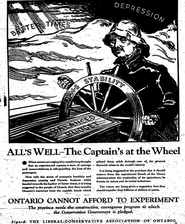 Election ad for the Ontario Conservatives run in the 1934 Ontario general election